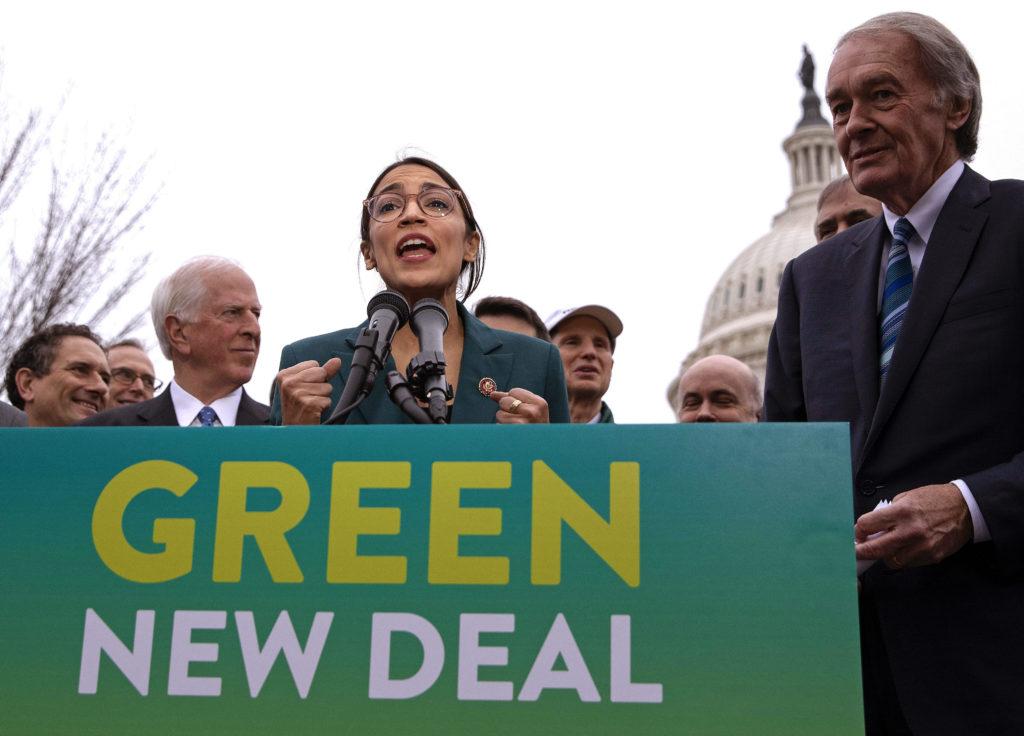 Alexandria Ocasio-Cortex and John Markey introducing the Green New Deal, source: Alamy