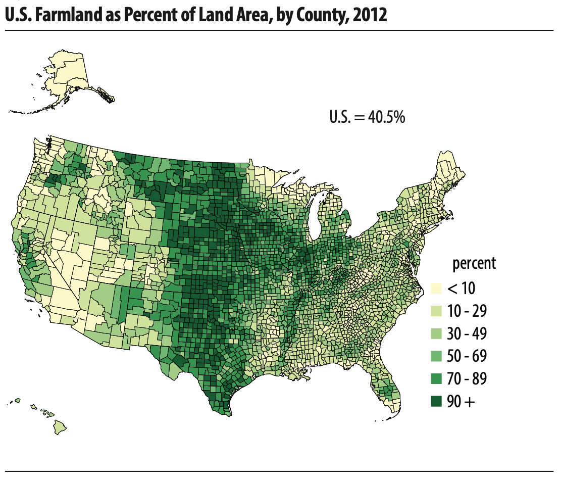 US Farmland as percent of land area, by county, 2012 USDA NASS Census of Farmland 2012
